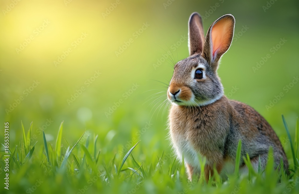 Fototapeta premium Eastern cottontail rabbit sits in rich green grass. Soft sunlight illuminates its fur. Wild mammal pauses in nature, alert and curious, with large ears and watchful eyes.