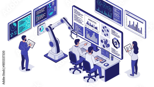 Futuristic data analysis lab with ai and robotics in isometric design