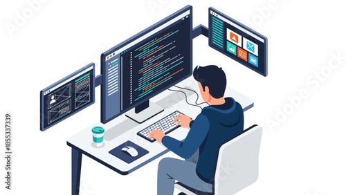 Developer working on code at multi-monitor setup in isometric office