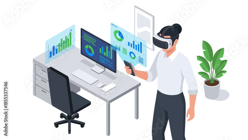 Virtual reality in the office: businesswoman engaging with interactive data displays