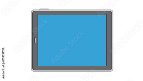 Modern tablet with blue screen and grey frame on white background