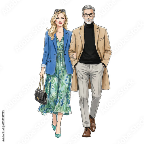 Elegant couple walking together arm in arm stylish woman and man enjoying stroll