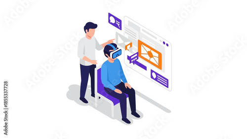 Isometric virtual reality experience with interactive digital interface