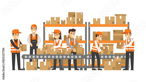 Warehouse team working efficiently on conveyor belt handling packages in flat design