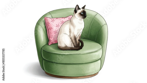 Graceful siamese cat sitting sideways on a green rounded armchair next to a floral pillow