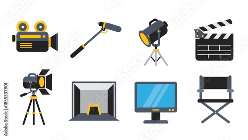 Film equipment icons featuring camera, microphone, lights, clapperboard, director chair, and monitor in flat design