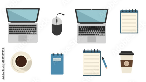 Flat design office essentials: laptops, coffee, and notebooks for modern workspaces