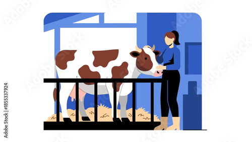 Woman cares for cow in modern farm setting with minimalistic style