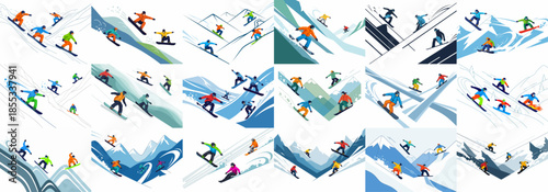 Dynamic illustration collage featuring dozens of snowboarders in bright gear descending steep mountain runs, emphasizing action, winter sport, and adventure.