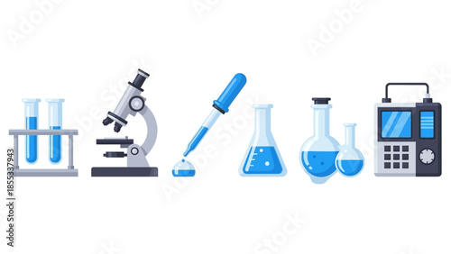 Laboratory equipment set featuring test tubes and modern chemistry tools in flat design
