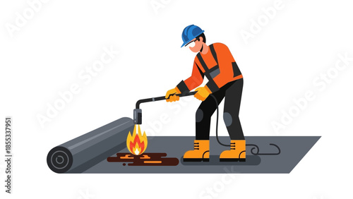 Construction worker using blowtorch for flat roof installation