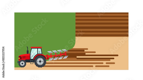 Red tractor plowing field in modern flat design