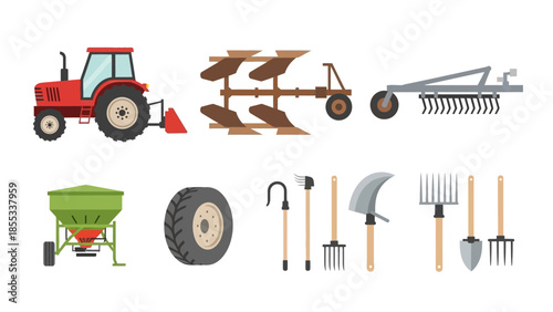 Farming equipment set featuring tractor and agricultural tools for modern farming