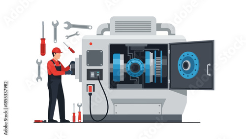 Engineer operating cnc machine with tools in detailed industrial setting