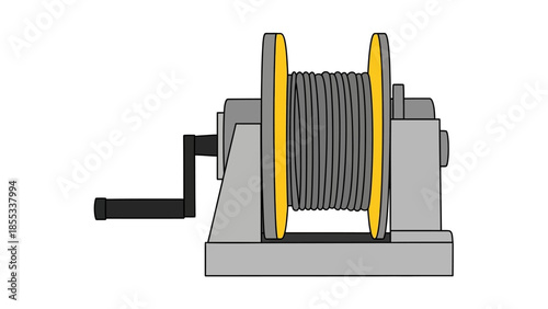 Hand cranked winch machine with coiled rope on metal frame in flat design
