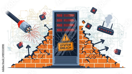 Breaking through the brick wall to reveal a system technology interface with various digital components and tools