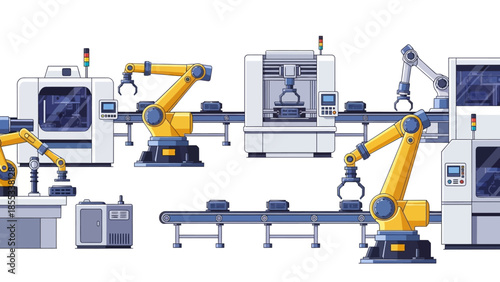 Automated factory with yellow robotic arms and conveyor belt in modern flat style