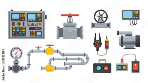 Industrial control equipment set with panels, valves, and gauges in flat design