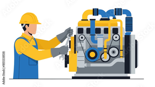 Mechanic repairing machine in flat style for industrial maintenance concept