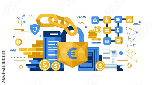 Financial data and currency exchange illustrated in a digital landscape with euro symbols and monetary icons