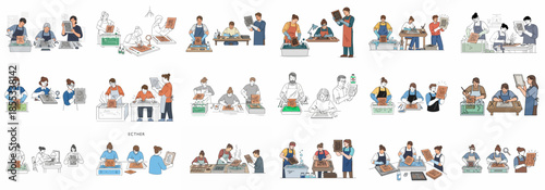 Diverse artists demonstrating the complete process of etching and printmaking, including preparing, scratching, acid bathing, and cleaning the metal plates in detailed line illustrations.