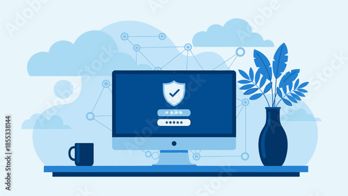 Secure login screen on a computer monitor with a shield icon and a desktop workspace