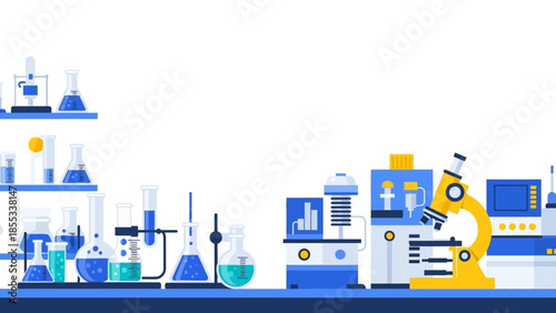 Laboratory equipment with microscopes and flasks in a flat design