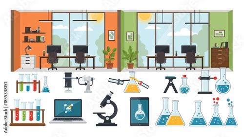 Modern office and laboratory equipment in flat design with day and night settings