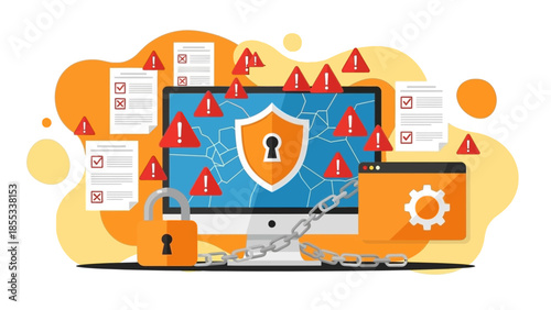 Laptop computer surrounded by security threats and warning signs in a digital landscape