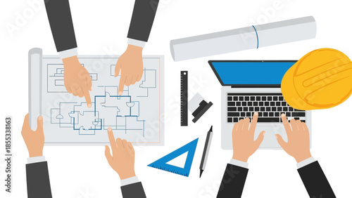 Architectural planning: team collaboration and blueprint design in an office setting