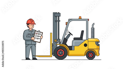 Flat style forklift operator with hard hat inspecting equipment for safety check