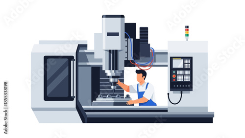 Industrial cnc machine with operator in modern flat design