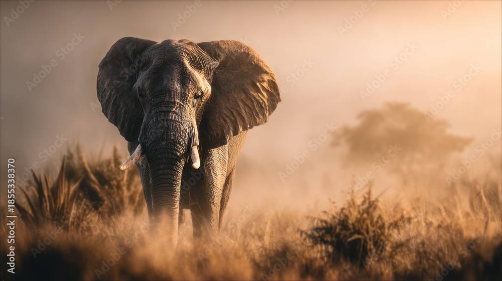 Fototapeta premium Magnificent Elephant Roaming Freely in African Savannah at golden hour