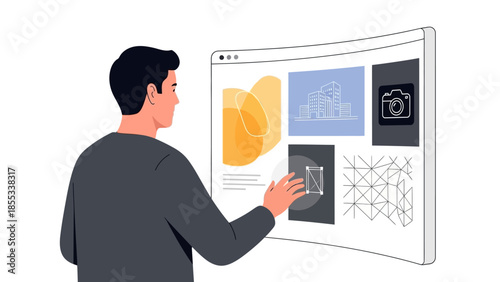 Man interacting with virtual interface tapping on digital touchscreen display