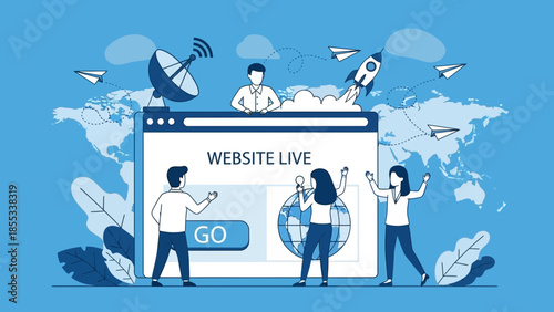 People launching a website with global connectivity and technology elements around them