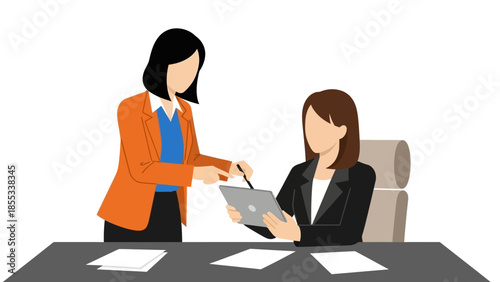 Business meeting scene with two professionals discussing on tablet