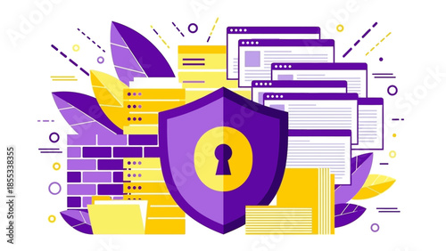 Cybersecurity shield protecting digital data with lock icon surrounded by various computer screens and documents