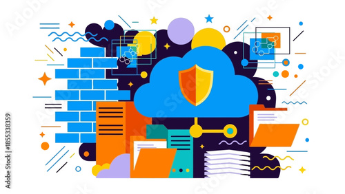 Secure Cloud Storage System with Shield Icon and Data Protection