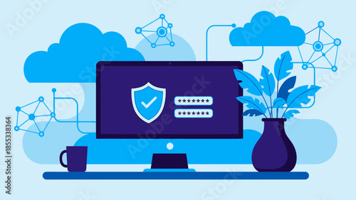 Computer screen displaying secure login interface surrounded by modern workspace elements and digital security symbols