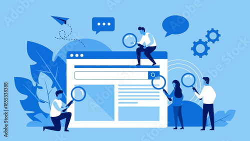 People analyzing a large webpage with magnifying glasses in a collaborative environment