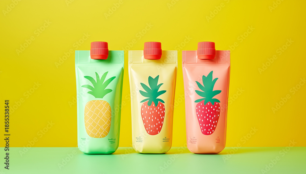 Fototapeta premium Three stand up pouches with fruit illustrations. The packaging shows a pineapple and two strawberries against a vibrant background