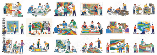 Mosaic Art Creation Process Illustration Set: People Laying Tiles, Designing Patterns, and Crafting Colorful Artistic Surfaces.