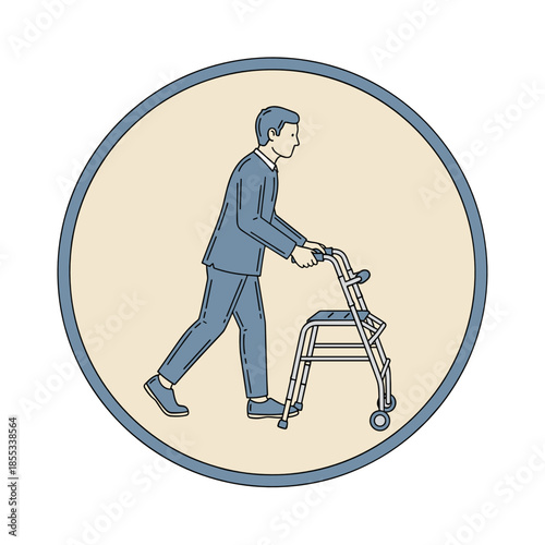 Man walking with walker in a circular icon design