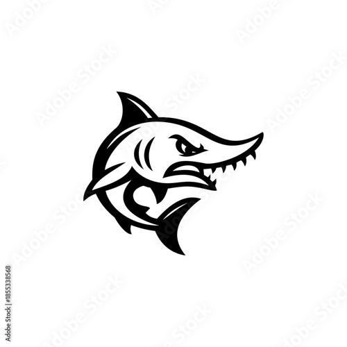 Fierce shark head logo in bold black and white vector illustration, isolated on white background