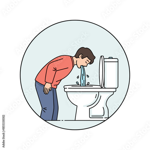 Man bent over toilet in distress with water splashing around  