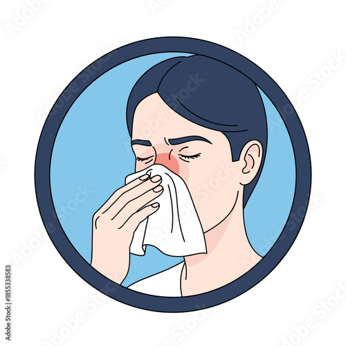 Person wiping nose with tissue in circular icon design  