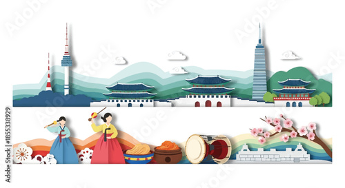 Layered papercut illustration featuring essential Korean landmarks and traditional cultural icons displayed in a striking flat 2D vector style on a clean white background.