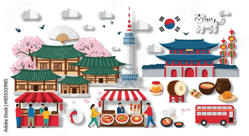 Vibrant South Korea travel concept featuring famous cultural landmarks and popular sights rendered in a charming layered 2D flat paper cut vector illustration style, isolated on clean white.