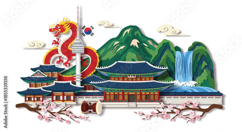 Korean tourism landmarks and famous scenic icons, including traditional architecture and nature spots, illustrated in a vibrant 2D flat papercut art style, isolated on a clean white background.