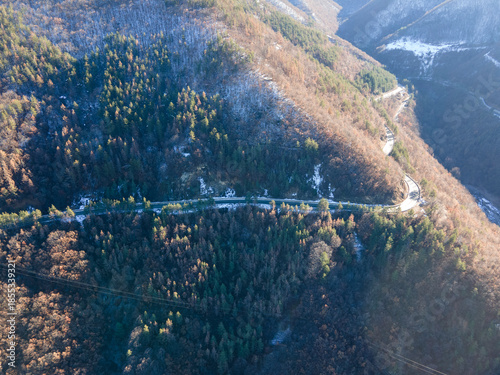 Aerial winter view of Vacha (Antonivanovtsi) Reservoir, Bulgaria